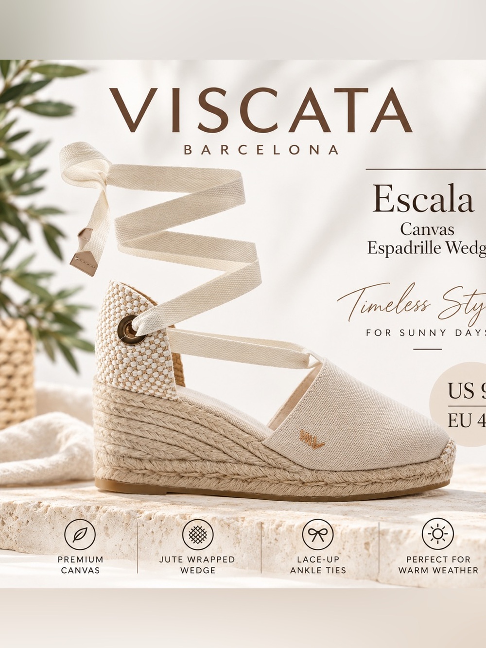 Viscata Escala Espadrille Wedge Sandals Beige Lace Up US 9 EU 40